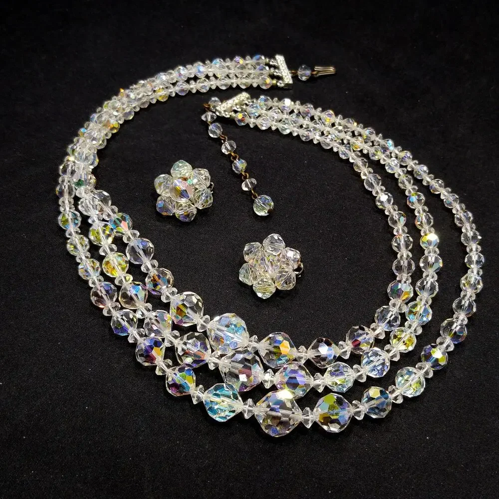 Vintage AB Crystal Necklace Set 1950s Triple Strand Earrings